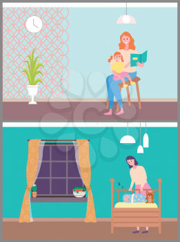 Woman sitting with daughter on chair and reading book together, mom caring and sleeping baby. Interior of room, blue walls, plant and lamp vector