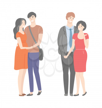 Happy families, wife and husband in gentle hugs isolated. Two married pairs, woman in red dresses and smiling males. Vector people in flat cartoon style
