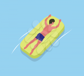 Man suntanning on yellow mattress isolated male character in blue trunks. Vector boy and inflatable means helping to swim in sea or oceans waters