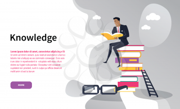 Knowledge online web page businessman with book vector. Pile of books and ladder, eyesight glasses, qualification improvement, professional education