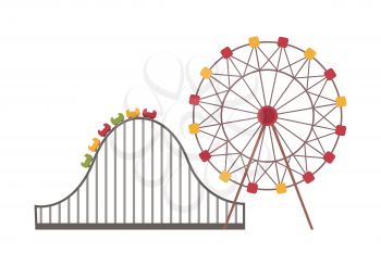 Ferris wheel and roller coaster on white, round attraction and road with rise, amusement park with colorful objects, leisure and entertainment vector