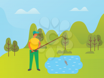 Person spending time in park vector, man standing by lake on shore. Green nature and trees in forest, summer activities for people. Mountains and hills
