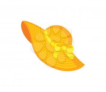 Yellow beach hat decorated by ribbon and bow, headgear for women. Bright headdress in flat style, element for decoration, summer straw hat vector
