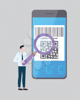 Online shopping and product search vector, smartphone and man with magnifier. Barcode on device or gadget screen, Internet transaction and payments