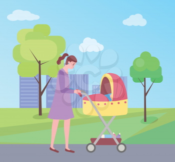 Mother and kid vector, woman walking with perambulator and child sleeping in pram, city park with buildings and green trees. Childhood and motherhood, vector
