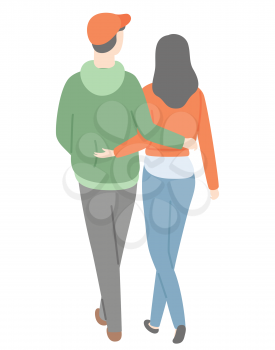 Happy couple back view, vector man in red cup, green hoodie and trousers and woman in red sweater and jeans isolated cartoon people, dating lover