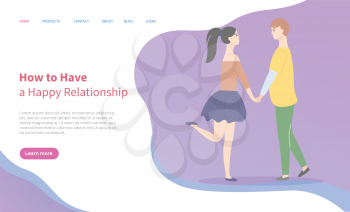 How to build happy relationships, dating teenagers, girl and boy cartoon people. Vector students in love, male and female holding hands. Website or webpage template, landing page flat style
