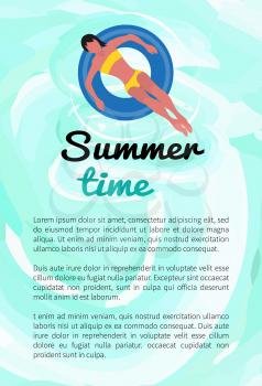 Summertime concept, woman in bikini swimsuit in inflatable circle. Vector girl in yellow bra and trunks relaxing on rubber ring, poster with text sample