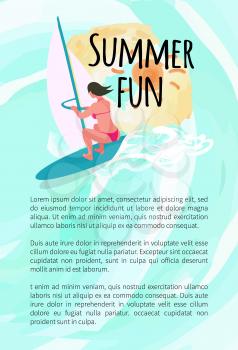 Summertime vacation vector, windsurfing hobby of person wearing bathing suit, water fun and fair weather with sunshine, wooden board and sailing lady