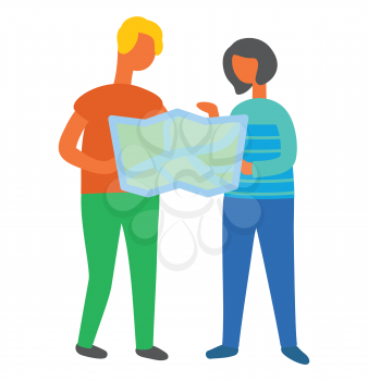 People finding their way vector, isolated couple using map printed information with cities and signs. Atlas in hands of travelers, active lifestyle