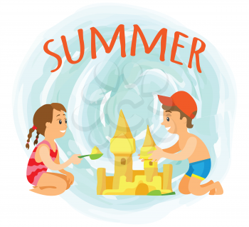 Children building sand castle, summer holidays vector. Boy and girl on beach constructing tower with scoop, kids in swimwear, outdoor activity at seaside. Red text summer