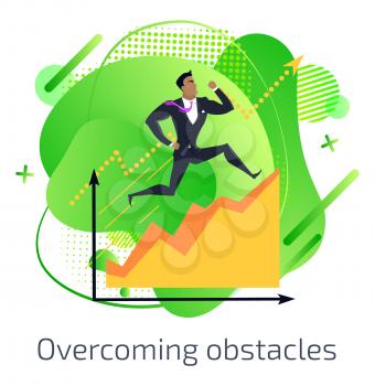 Overcoming obstacles vector, abstract design successful man running up, infochart with arrowhead information of business analytics flat style isolated. Businessman run up on graph
