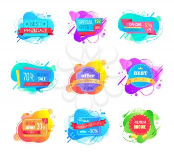 Set of watercolor sale labels on abstract liquid shapes isolated. Mega discounts and final price, special offer percent off promo adverts on color tags