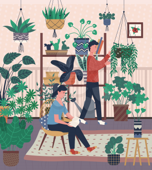 Home interior, greenhouse with plants in pots man and woman with hobby. Male caring for houseplants and woman reading book sitting on chair in room