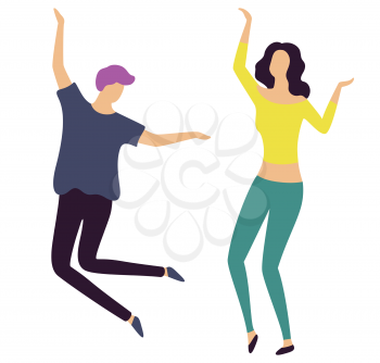 People rising hands, jumping male, dancers moving together, man and woman dancing, full length view of girl and boy characters in casual clothes vector