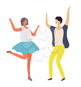 People on dance floor, man and woman clubber with rising hands isolated on white, portrait view of dancing girl and boy, disco person, holiday vector