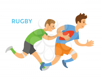Rugby game vector, aggressive kind of sports isolated character running holding ball in hands. Person chasing male, personage wearing uniform flat style