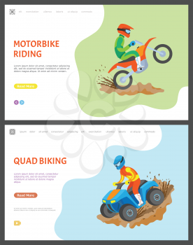 Motorbike and quad biking vector, people riding bikes in dirt and mud, competition race and challenge for men. Motorcycle driver with helmet. Website or webpage template, landing page flat style
