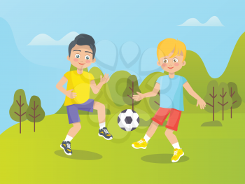 Children having fun outdoors vector, boys and kids on nature. Trees and clear sky, sports games on nature, football active lifestyle and happy childhood
