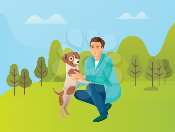 Person on weekend with pet vector, forest nature, park with trees and greenery of meadows. Male with domesticated canine, human and animal friendship