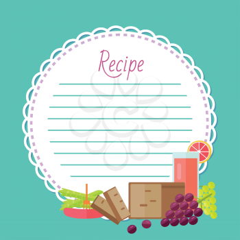 Recipe cookbook, round clean list decorated by fresh juice in glass, bread, sausage and grapes. Colorful fruit and food, flat design style of meal vector