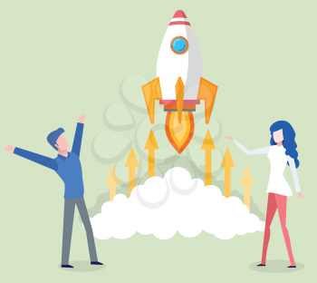 People working on business project startup vector. Man and woman standing by flying rocket with fire flames and clouds, arrows arrowheads pointing up