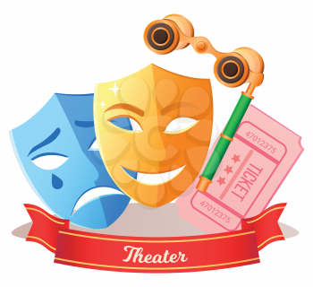 Theater poster with performance objects, emotion mask crying and smiling, theaters mask melpomene and thalia, ticket and retro glasses. Masquerade decorations, coupon and spectacles vector