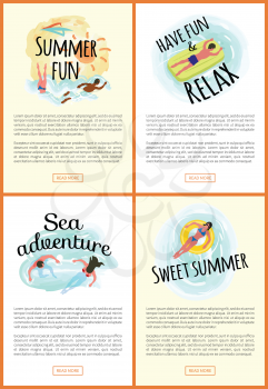 Summer fun vector, man and woman swimming in water, male laying on inflatable mattress, couple on vacation. Lady on saving ring lifebuoy webpages set