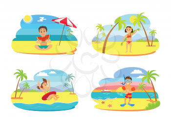 Summertime vector, kids on beach spending vacations. Summer holidays by seaside, child with lifebuoy, girl with towel and boy eating watermelon diving male