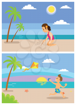 Children on vacation vector, summertime fun of kids on holidays. Girl drawing with stick on sand, boy running with wind kite. Island sunset, seaside view