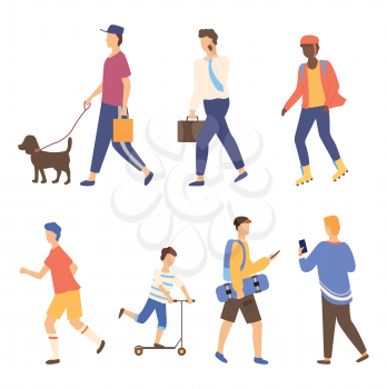 Portrait view of people outdoor in casual clothes, full length view of men holding phone or skateboard, running man, driving person, activity vector