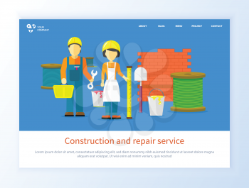 Construction and repair service, people character with tools. Workers man and woman with equipment, engineer flat style, research problems vector. Website or webpage template, landing page flat style
