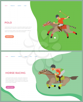 Horse racing, polo sports, jockey riding by horseback, side view of people on animal, males in helmet with equipment sitting on stallions vector. Website or webpage template, landing page flat style