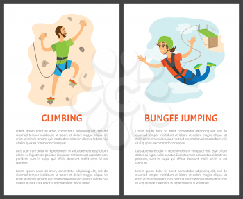 Bungee jumping woman vector, climbing hobby poster with text. Extreme sports activities giving adrenaline, hobby of people, wall with rocks flat style