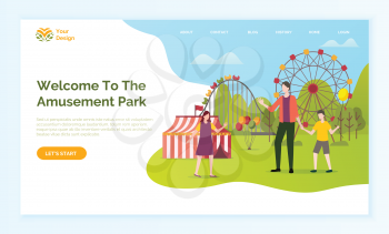 Welcome to amusement park vector, man with kids having fun. Family standing by ferris wheel, and stripped tent, balloons and carousel. Website or webpage template, landing page flat style