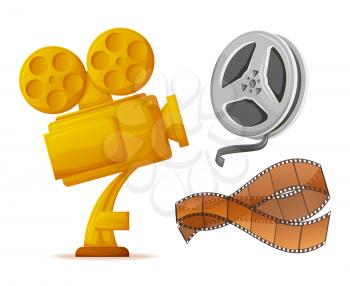 Award for best producer and cameraman vector, golden reward in form of camera with bobbins, isolated trophy and stripe recorded tape with shots set