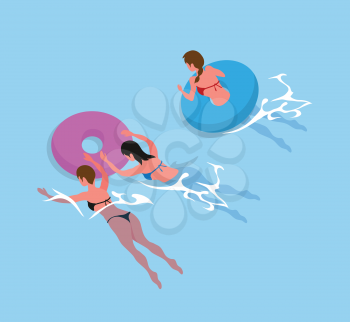 Girls in bikini swimsuit swimming in inflatable round blue circles. Vector women back view in rubber donut sunbathing, person resting at sea or ocean
