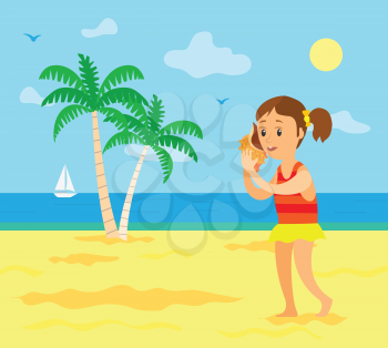 Kid on summer vacation vector, child listening to noise in seashell. Girl wearing swimming suit, seascape and coast with sailboat on water surface, palm