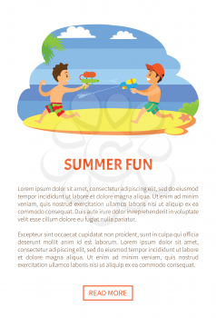 Summer fun, kids playing with guns loaded with water vector, children onvacations. Fighting by aqua boys at coastline, vector kids at seaside having fun. Website or webpage template, landing page