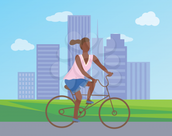 Teenage girl at bicycle cartoon character, buildings. Vector female ride on cycle, active way of life. Woman cycling in park, afro-american lady riding on bike
