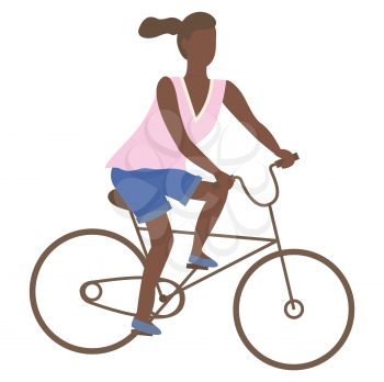 Afro-american woman riding on bike, teenage girl at bicycle isolated cartoon character. Vector female ride on cycle, active way of life and sport activities