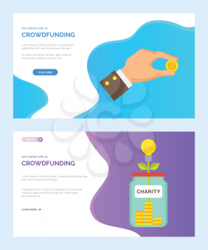 Crowdfunding, vector money tree growing from glass jar, dollar of usa, stable currency in businessman hands. financial assets donation investment. Website or webpage template, landing page flat style