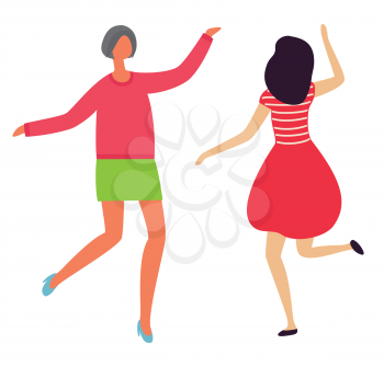 Dancing cheerful ladies back and front view flat style isolated. Vector female dancers dancing in club, person wearing red dress, clubbing females in nightclub