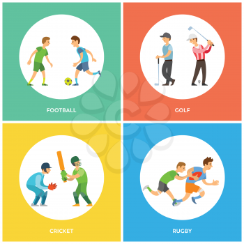 People holding bat, golf-club or running with ball, round poster icons football, golf and cricket, rugby sport decorations, sportsmen training vector