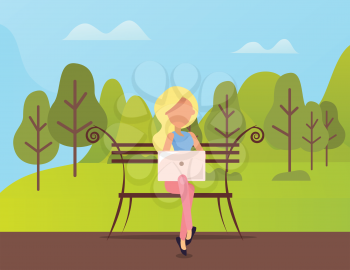 Person working on personal computer vector, lady sitting on bench in park, distant worker freelance lady. Blond woman freelancer in nature environment