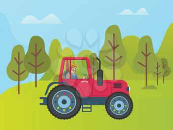 Red tractor on green meadow among trees and bushes. Vector rural transport, agriculture transportation item on lawn with green plants at forest