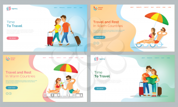 Travel and rest in warm countries vector, people walking with baggage and couple lying on chaise longue under umbrella shade. Tourism destination website or webpage for travel agency, landing page
