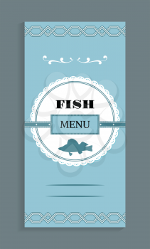 Fish menu template, vector seafood dishes list with marine animal silhouette. Vector cover mockup with ornamental frame, salmon or trout emblem on blue