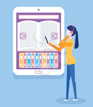 Electronic book and person with smartphone isolated vector. Woman wearing headphones listening to video on phone, ebook with library and book access