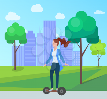 Woman riding on electric scooter in green city park with trees and houses on background. Vector cartoon style girl on self-balancing board, new hoverboard gadget